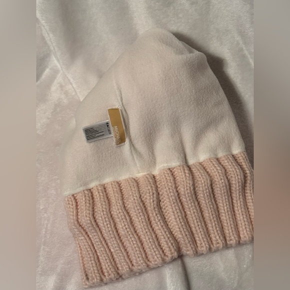 Michael Kors Fleece Lined Braided Knit Cuff Beanie Faux Fur Pom - Light Pink - Picture 6 of 8